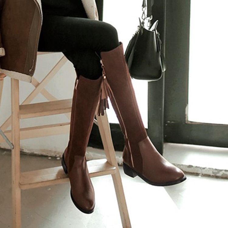 Zipper Rund Toe Patchwork Fringe Knähöga Stövlar För Kvinnor
