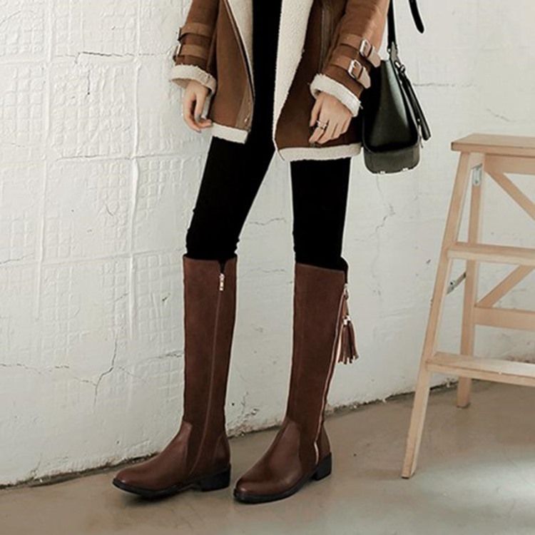 Zipper Rund Toe Patchwork Fringe Knähöga Stövlar För Kvinnor