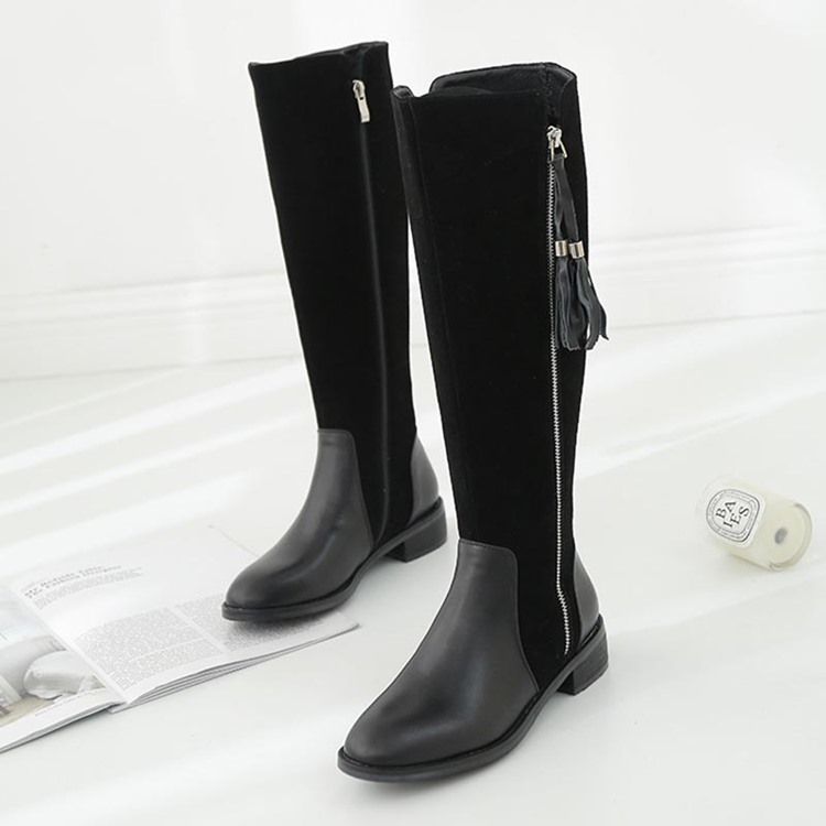Zipper Rund Toe Patchwork Fringe Knähöga Stövlar För Kvinnor