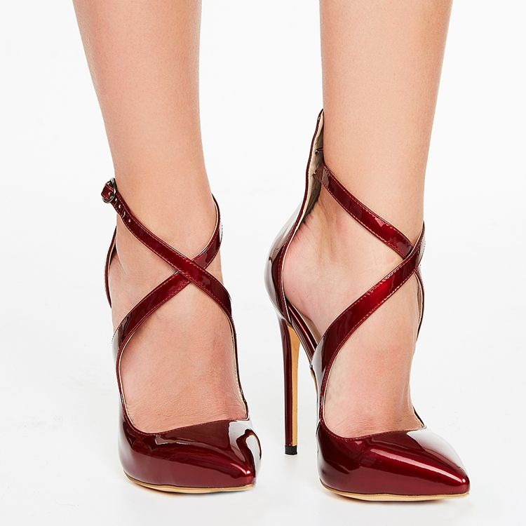 Burgundy Cross Wrap Stiletto-Sandaler Med Spetsad Tå