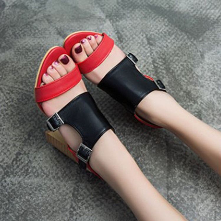 Chunky Heel Open Toe Spänne Patchwork Sandaler