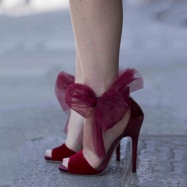 Fantastiska Burgundy Lace Bowknot Stiletto-Sandaler