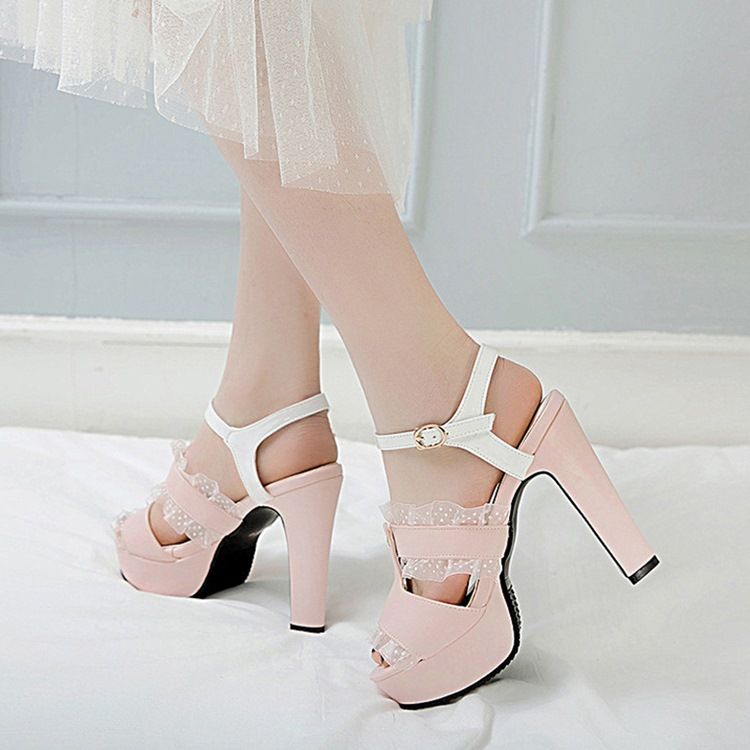Spänne Peep Toe Chunky Heel Hollow Sandaler