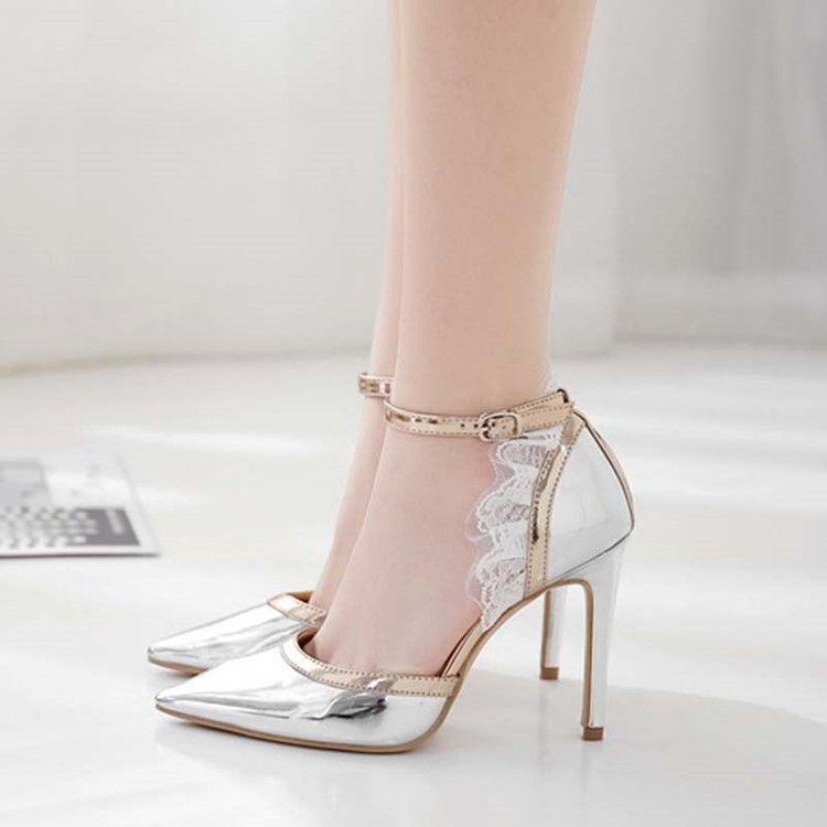 Spetsad Tå Line-Style Spänne Stiletto Heel Color Block Damsandaler