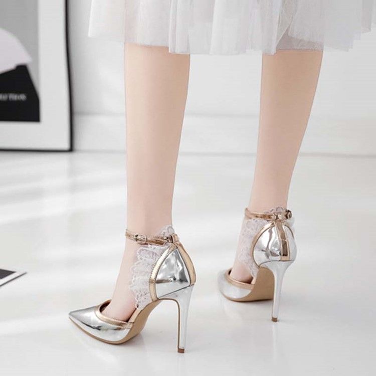 Spetsad Tå Line-Style Spänne Stiletto Heel Color Block Damsandaler