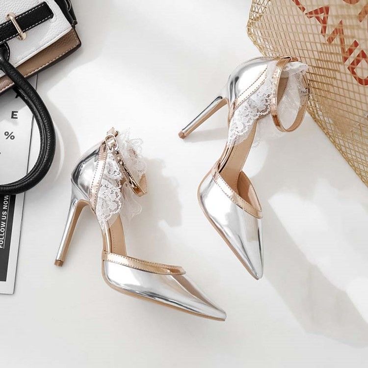 Spetsad Tå Line-Style Spänne Stiletto Heel Color Block Damsandaler