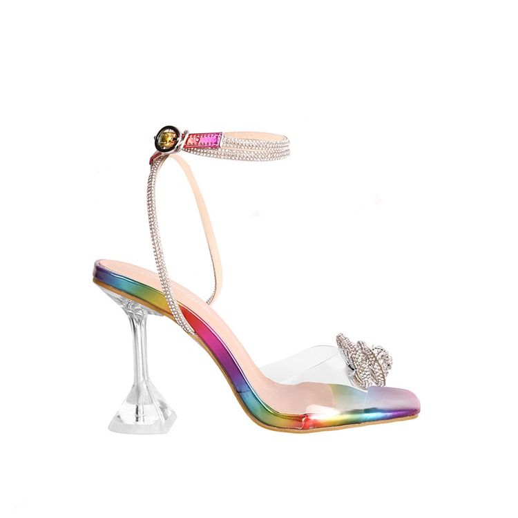 Spool Heel Open Toe Line-Style Spänne Rhinestone Damsandaler