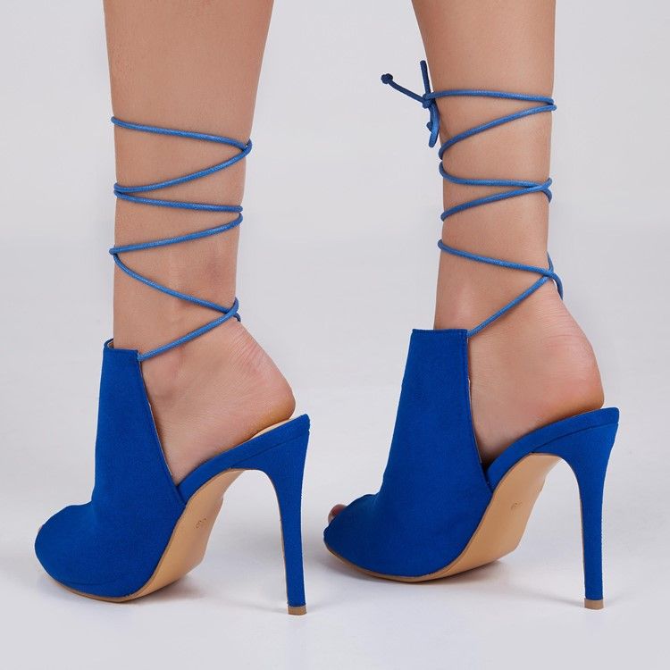 Trendiga Blå Spetsade Peep Toe-Sandaler