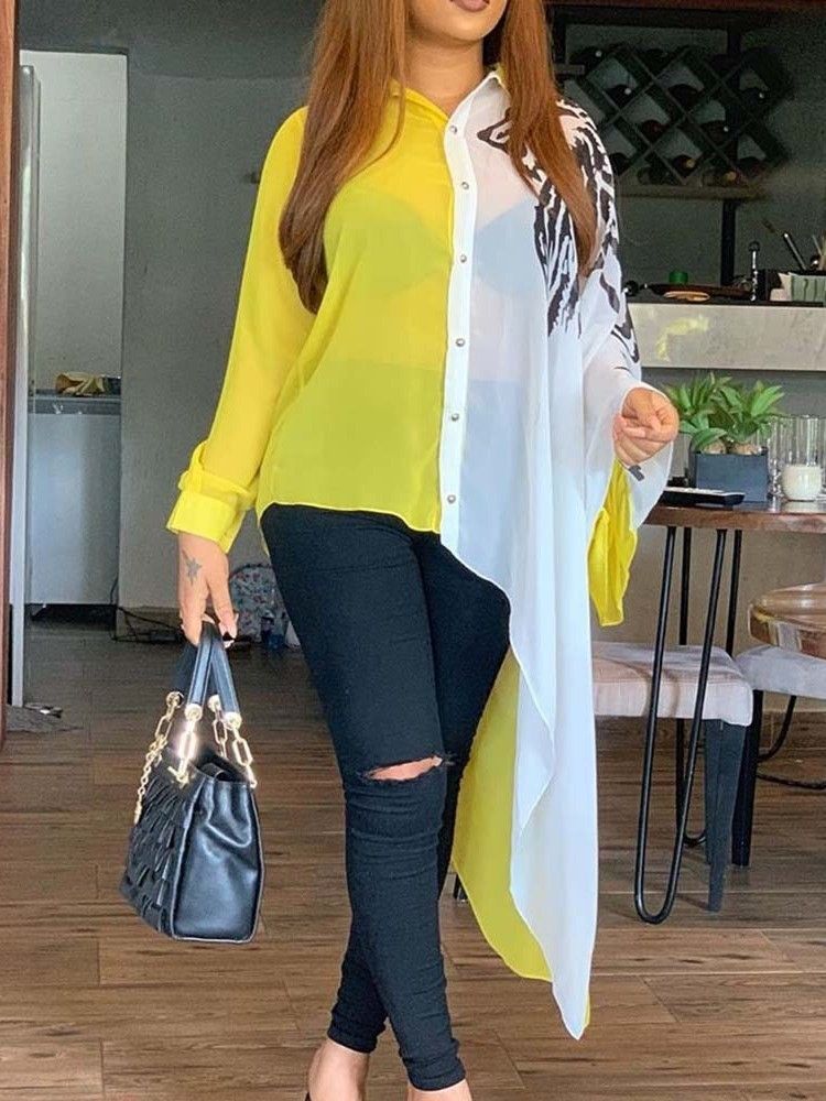 Asymmetrisk Lapel Color Block Patchwork Lång Blus
