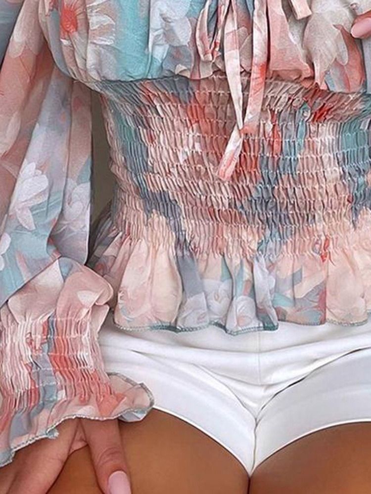 Blommig Snörning Off Shoulder Standard Långärmad Blus För Kvinnor