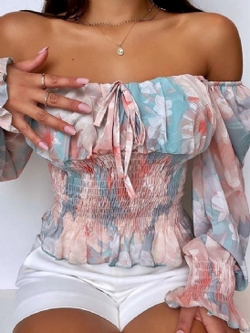 Blommig Snörning Off Shoulder Standard Långärmad Blus För Kvinnor