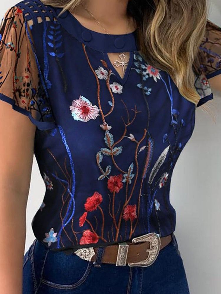 Blommigt Patchwork Vanlig Standard Kortärmad Damblus