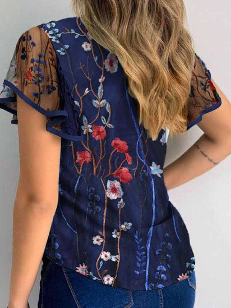 Blommigt Patchwork Vanlig Standard Kortärmad Damblus