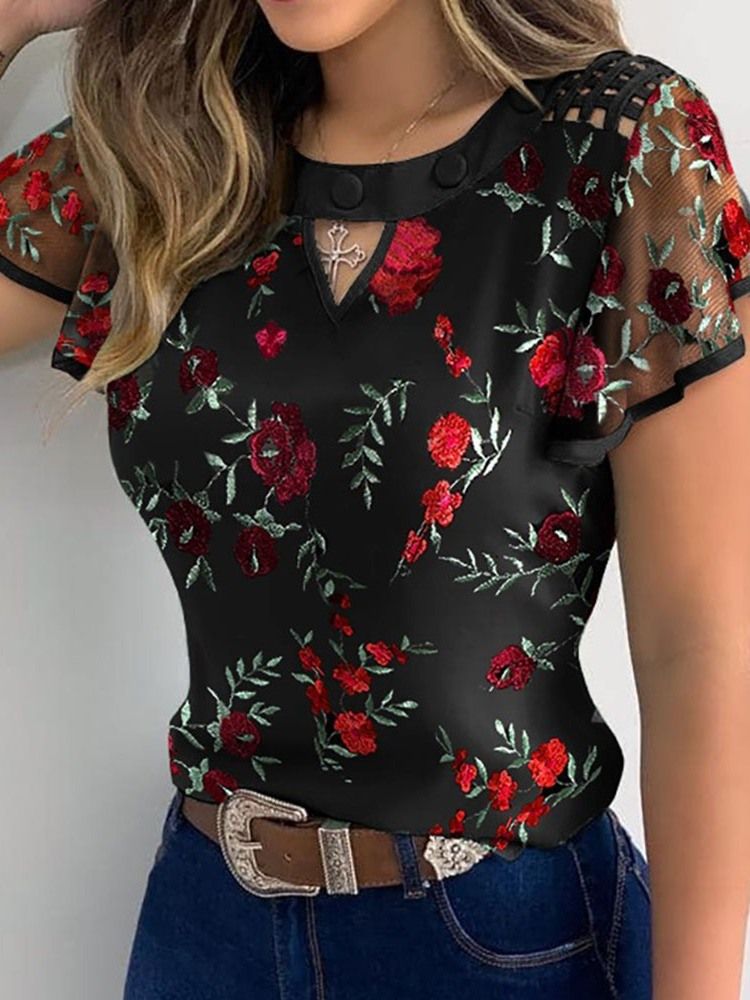 Blommigt Patchwork Vanlig Standard Kortärmad Damblus