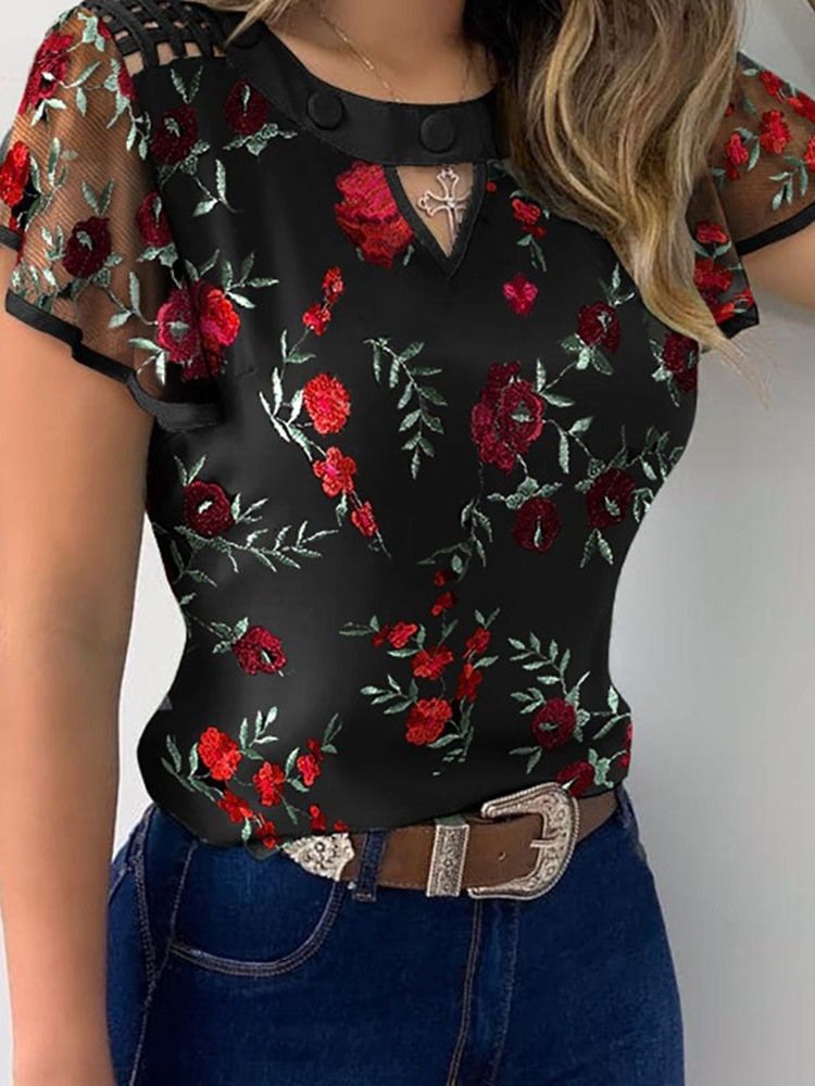 Blommigt Patchwork Vanlig Standard Kortärmad Damblus