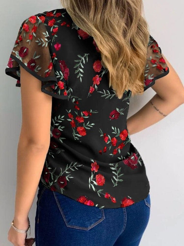 Blommigt Patchwork Vanlig Standard Kortärmad Damblus