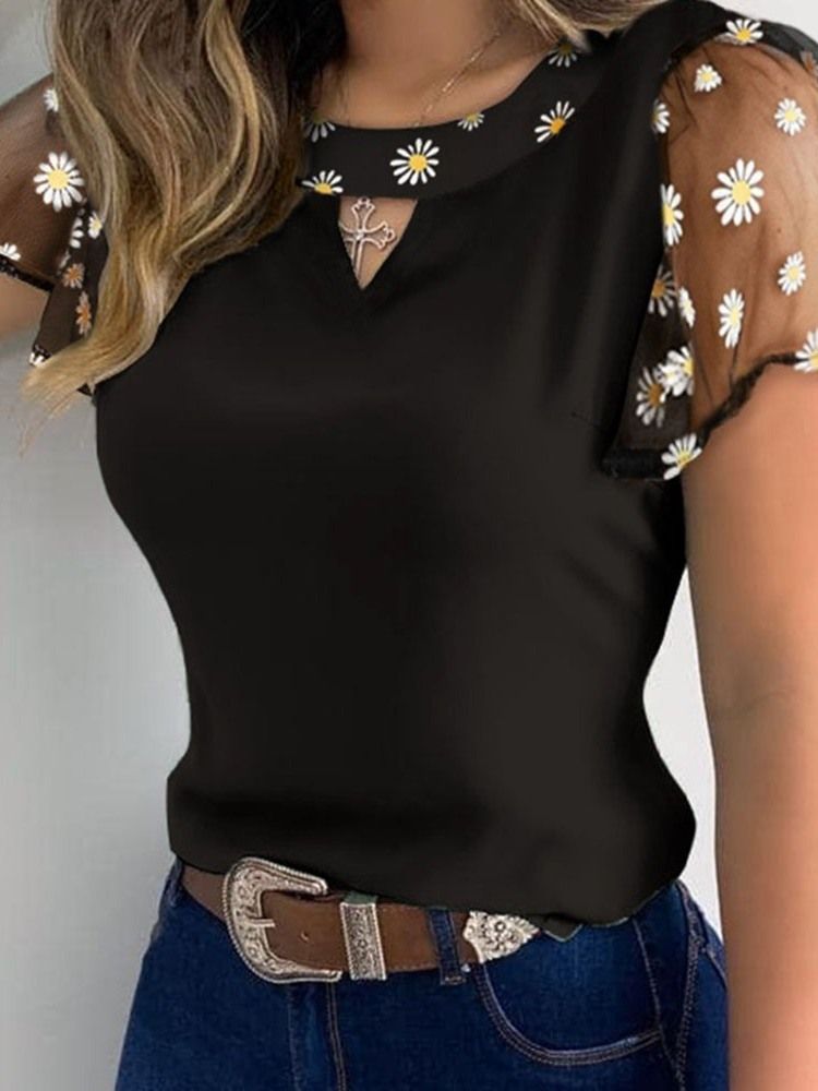 Blommigt Patchwork Vanlig Standard Kortärmad Damblus
