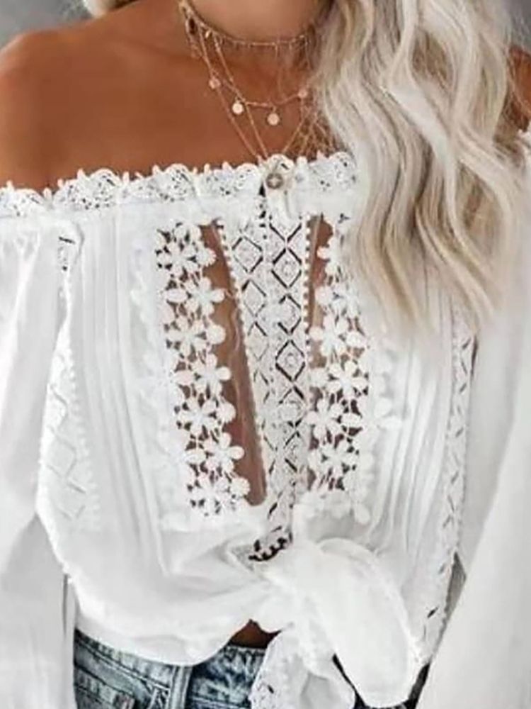 Blommönster Off Shoulder Långärmad Standardblus För Kvinnor