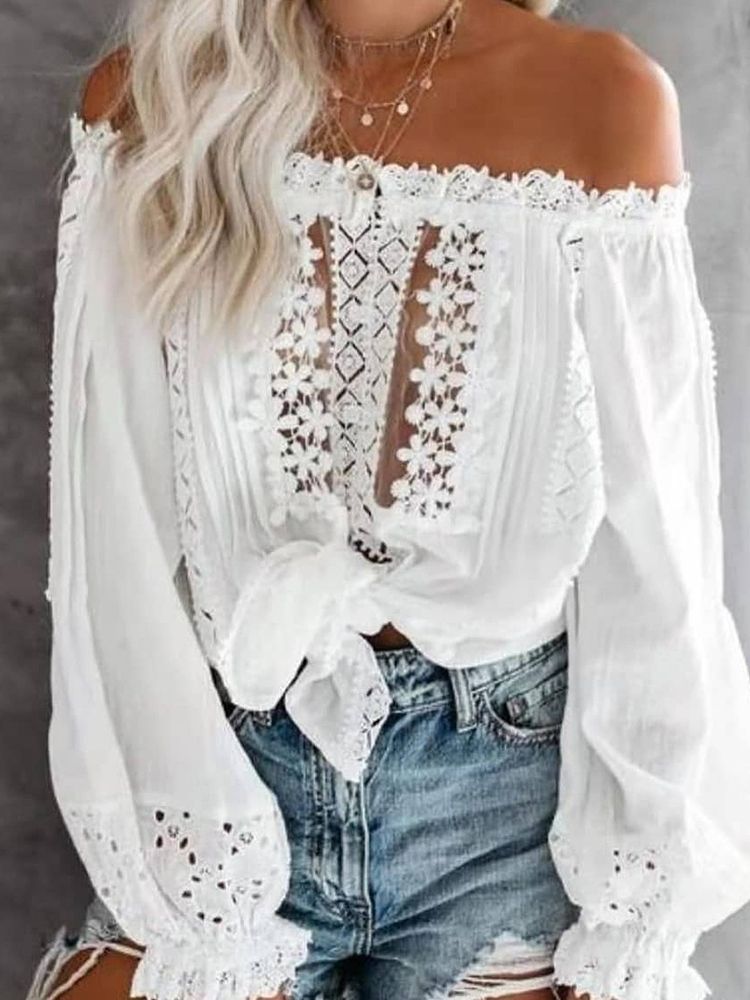 Blommönster Off Shoulder Långärmad Standardblus För Kvinnor