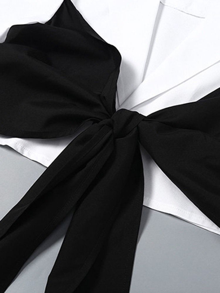 Bowknot Lapel Vanlig Kort Långärmad Damblus