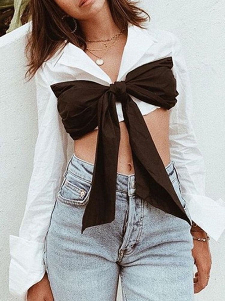 Bowknot Lapel Vanlig Kort Långärmad Damblus