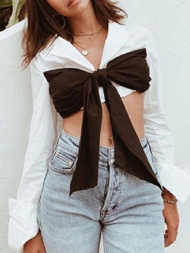 Bowknot Lapel Vanlig Kort Långärmad Damblus