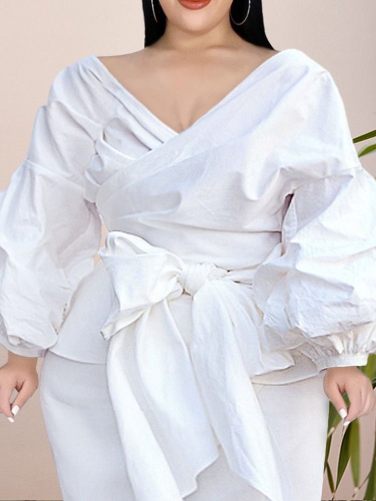 Bowknot V-Ringad Vanlig Standard Långärmad Blus