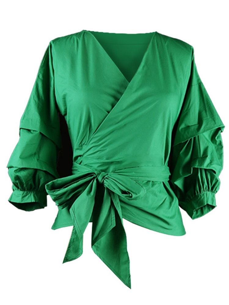 Bowknot V-Ringad Vanlig Standard Långärmad Blus