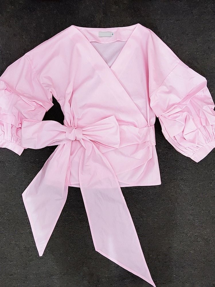 Bowknot V-Ringad Vanlig Standard Långärmad Blus