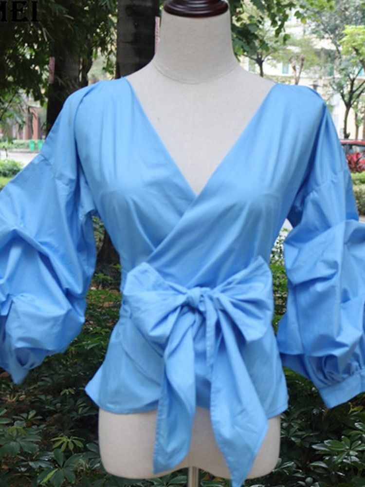 Bowknot V-Ringad Vanlig Standard Långärmad Blus