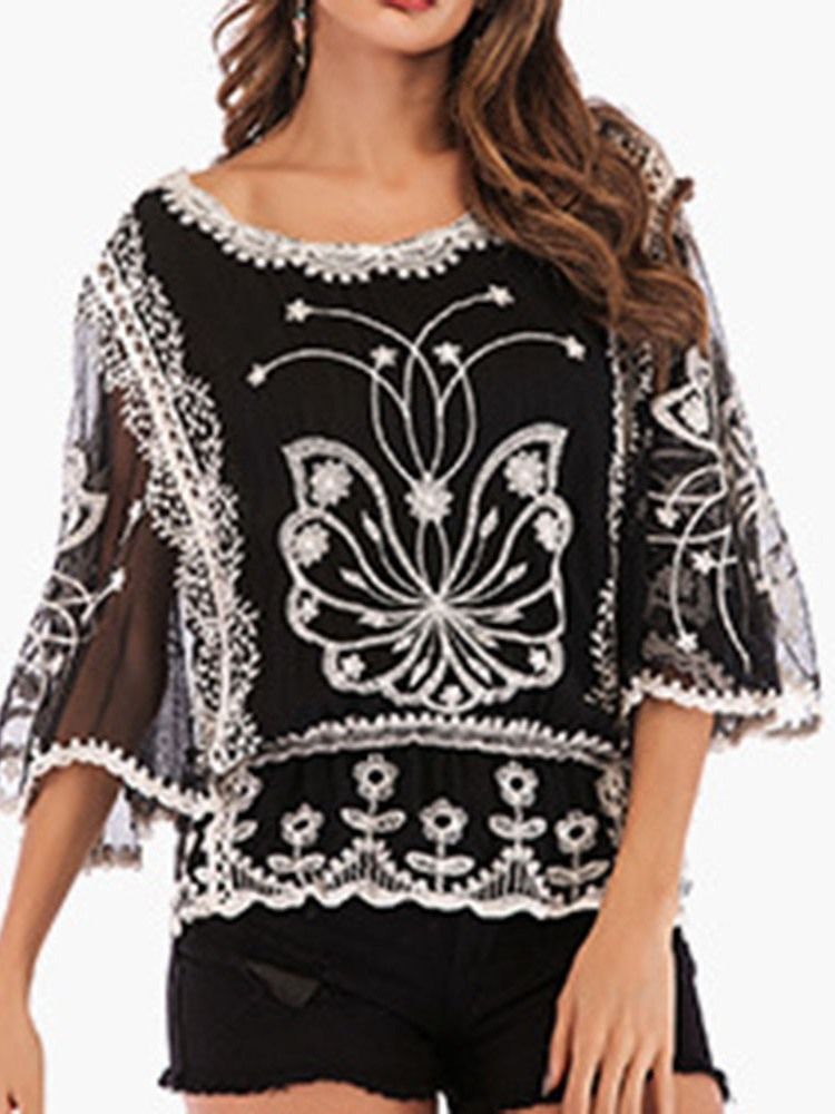 Broderi Blommig Blus Med Rund Hals