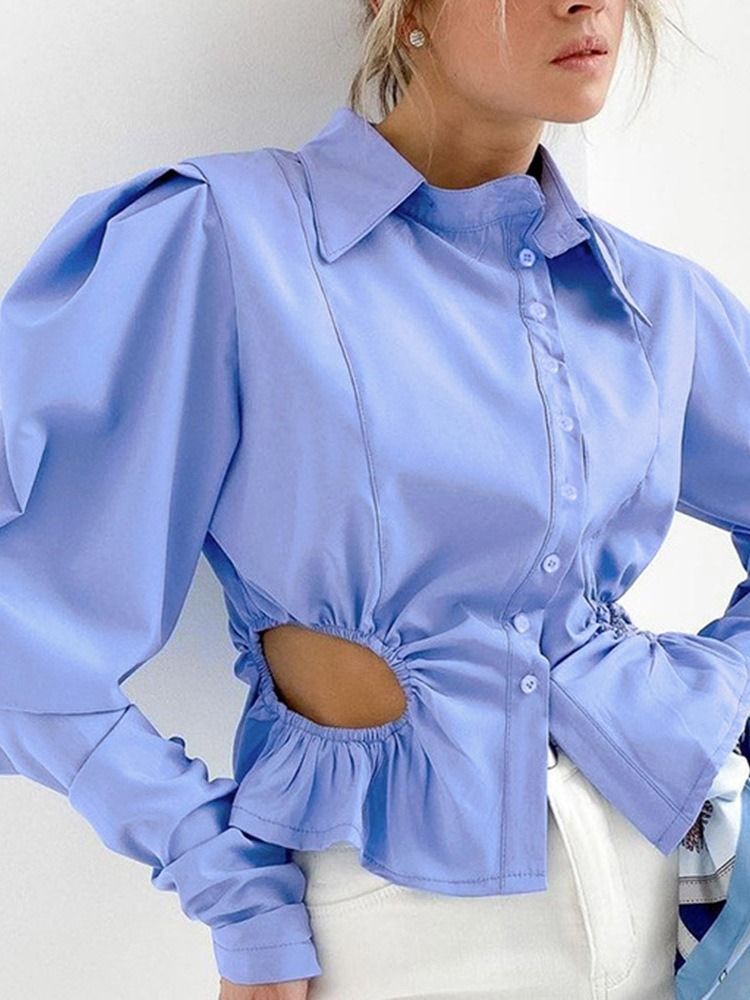 Button Puff Sleeve Lapel Dam Standard Långärmad Blus