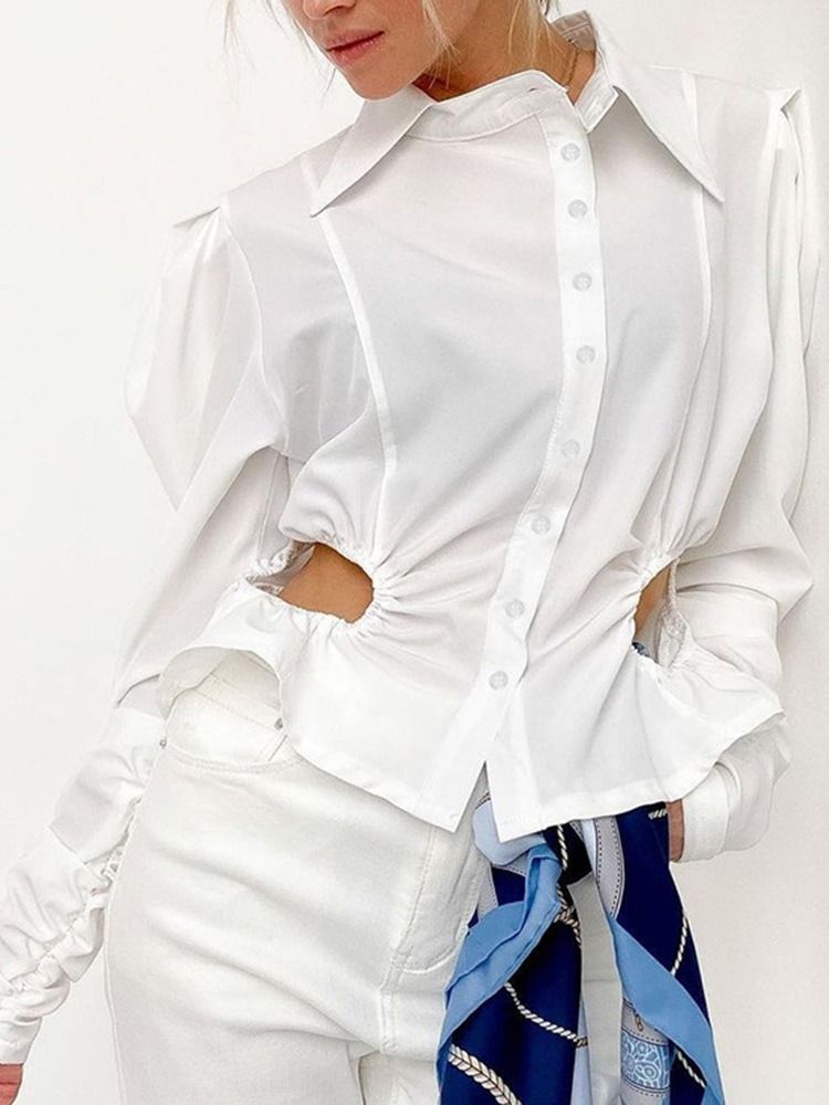 Button Puff Sleeve Lapel Dam Standard Långärmad Blus