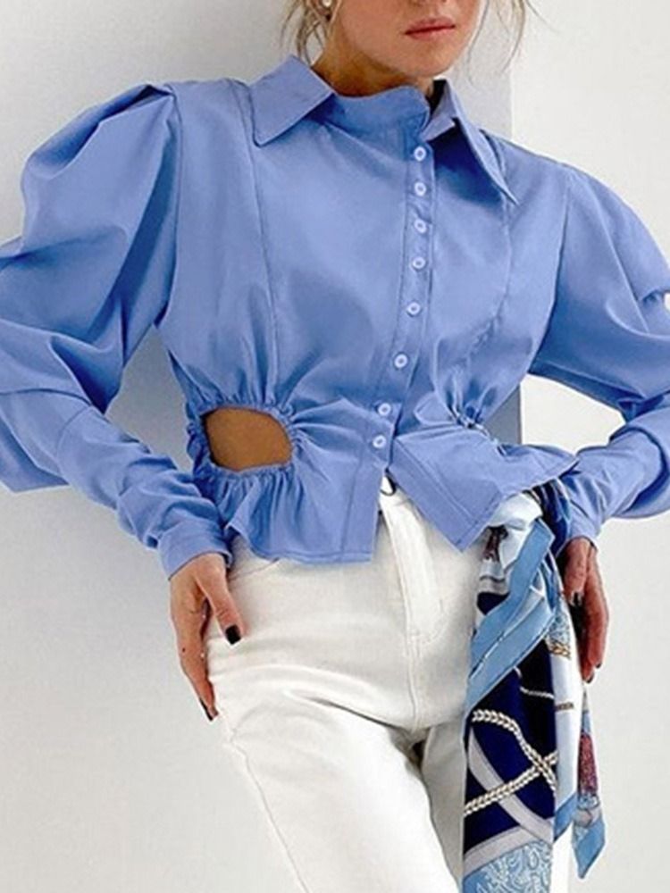 Button Puff Sleeve Lapel Dam Standard Långärmad Blus
