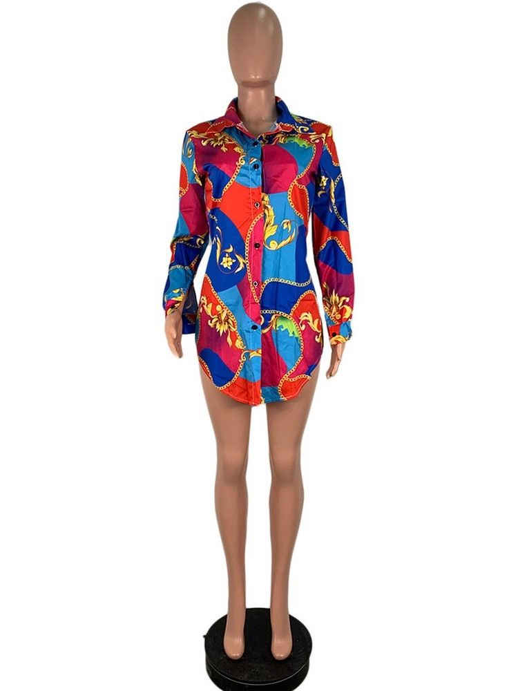 Color Block Print Lapel Långärmad Mellanlång Blus