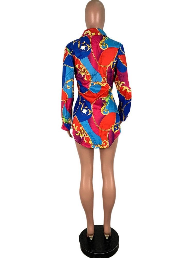 Color Block Print Lapel Långärmad Mellanlång Blus