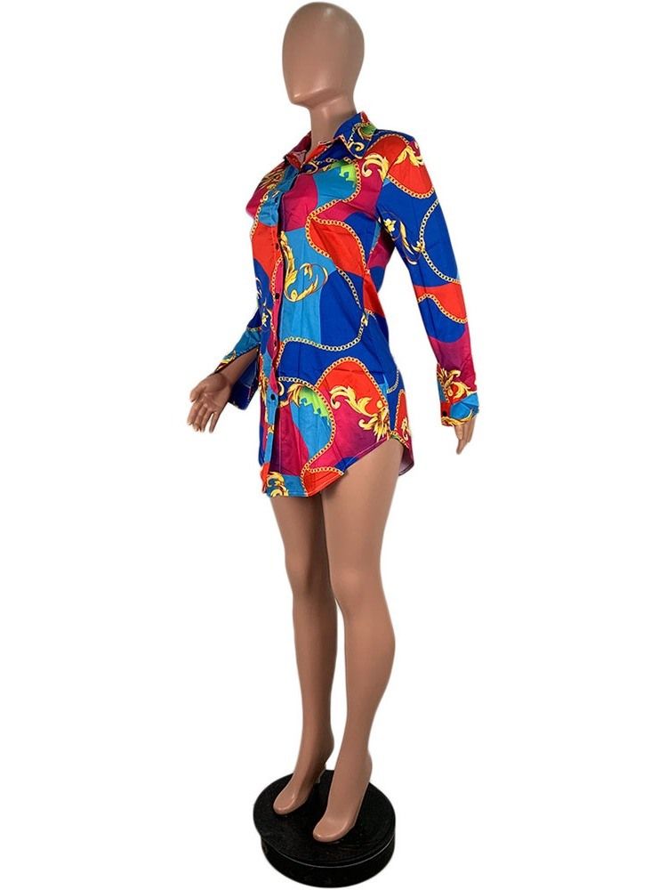 Color Block Print Lapel Långärmad Mellanlång Blus