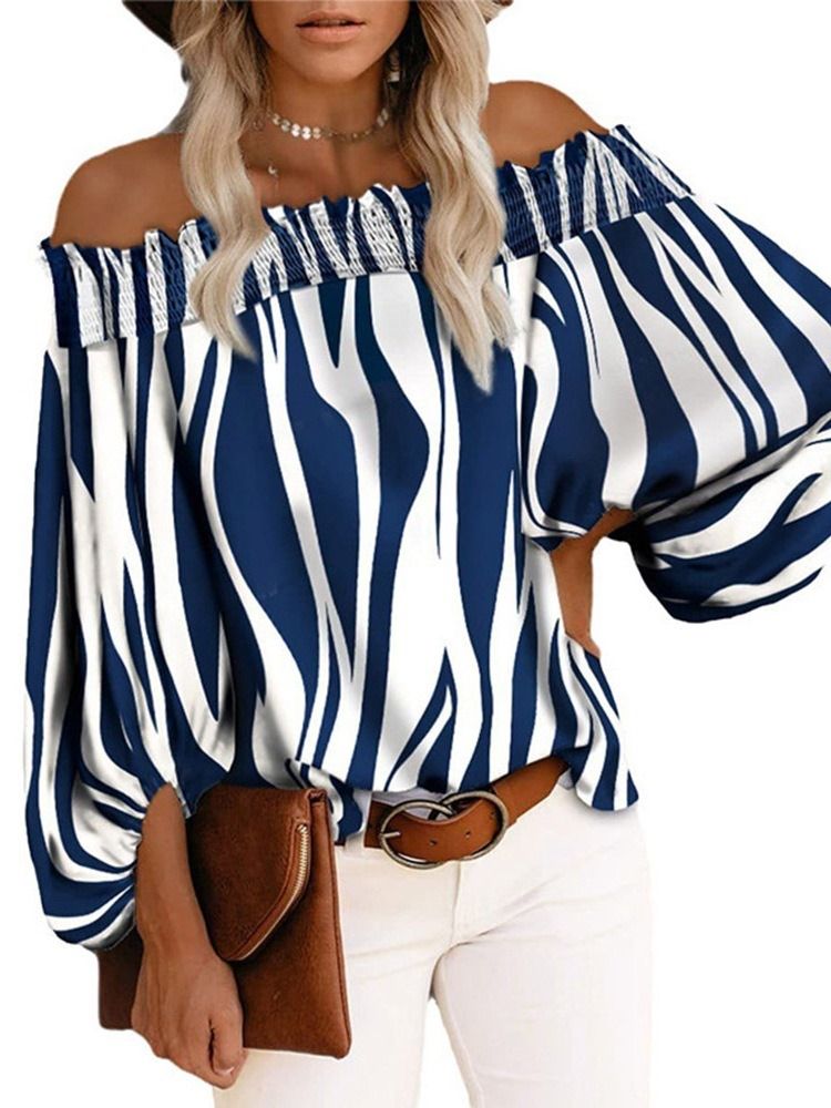 Color Block Print Off Shoulder Niopunktsärm Standardblus