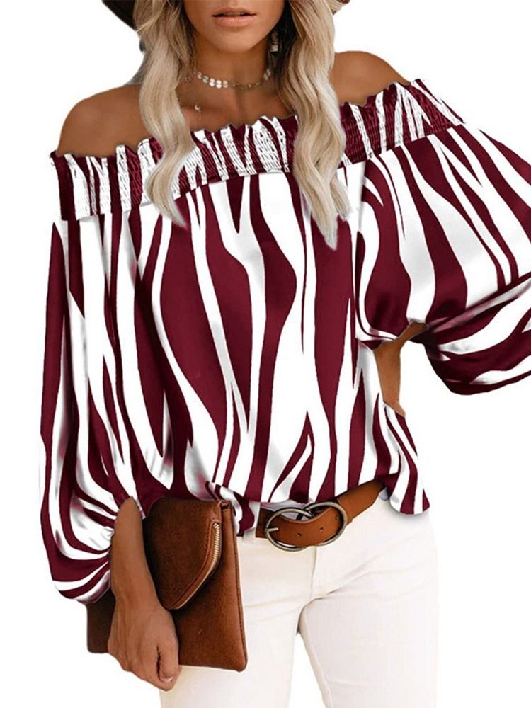 Color Block Print Off Shoulder Niopunktsärm Standardblus