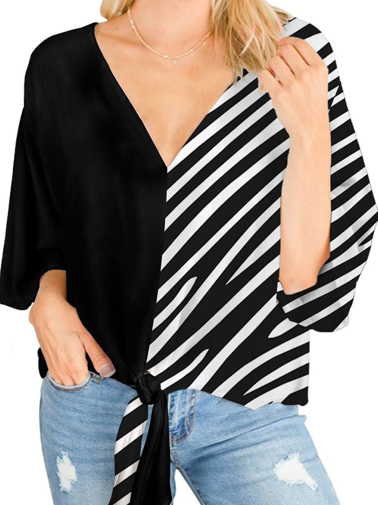 Flare Sleeve V-Neck Print Kvinnors Halvärm Standard Blus