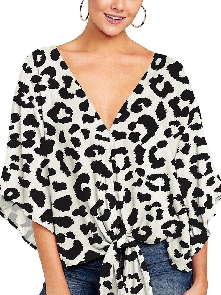 Flare Sleeve V-Neck Print Kvinnors Halvärm Standard Blus