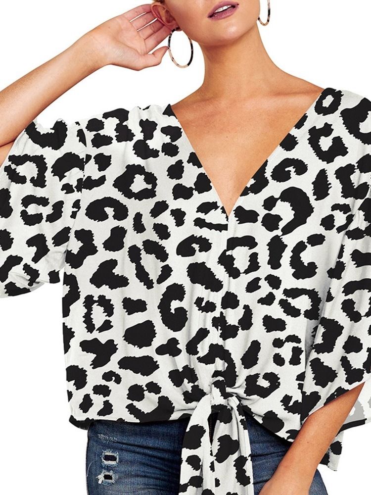 Flare Sleeve V-Neck Print Kvinnors Halvärm Standard Blus