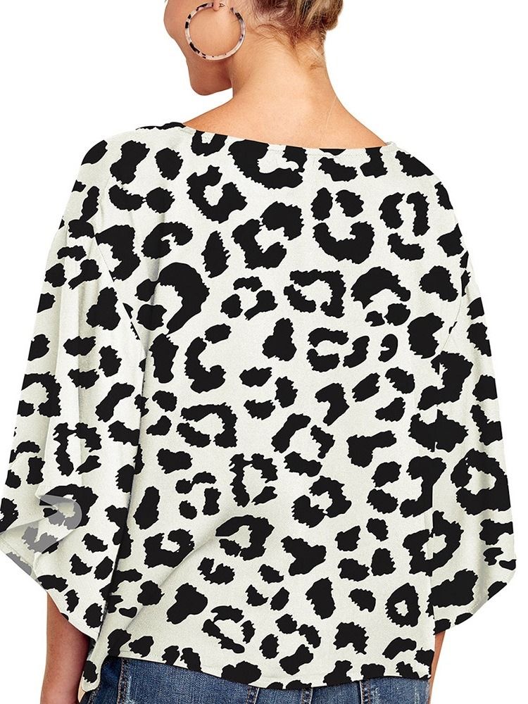 Flare Sleeve V-Neck Print Kvinnors Halvärm Standard Blus