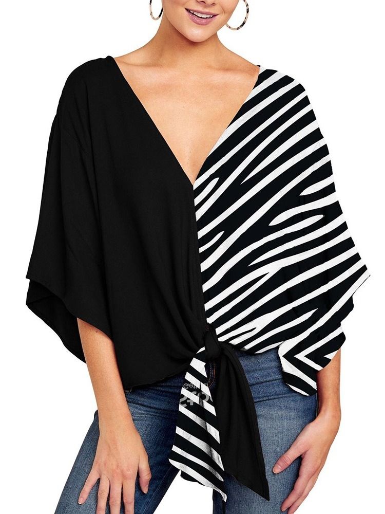 Flare Sleeve V-Neck Print Kvinnors Halvärm Standard Blus