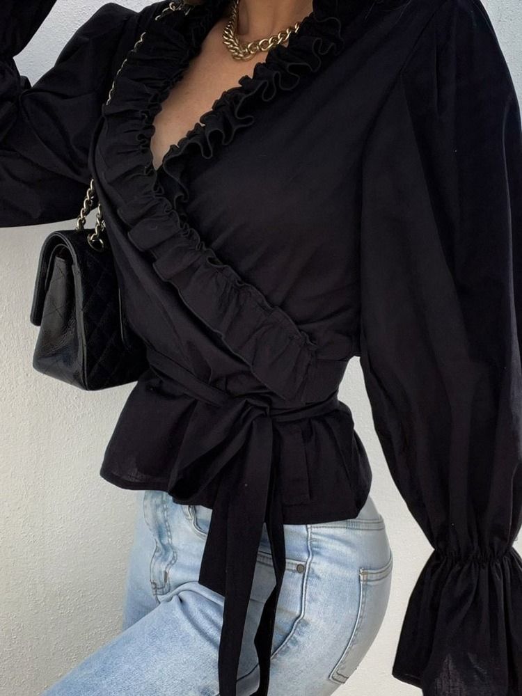 Flare Sleeve Vanlig Stringy Selvedge Långärmad Standard Blus