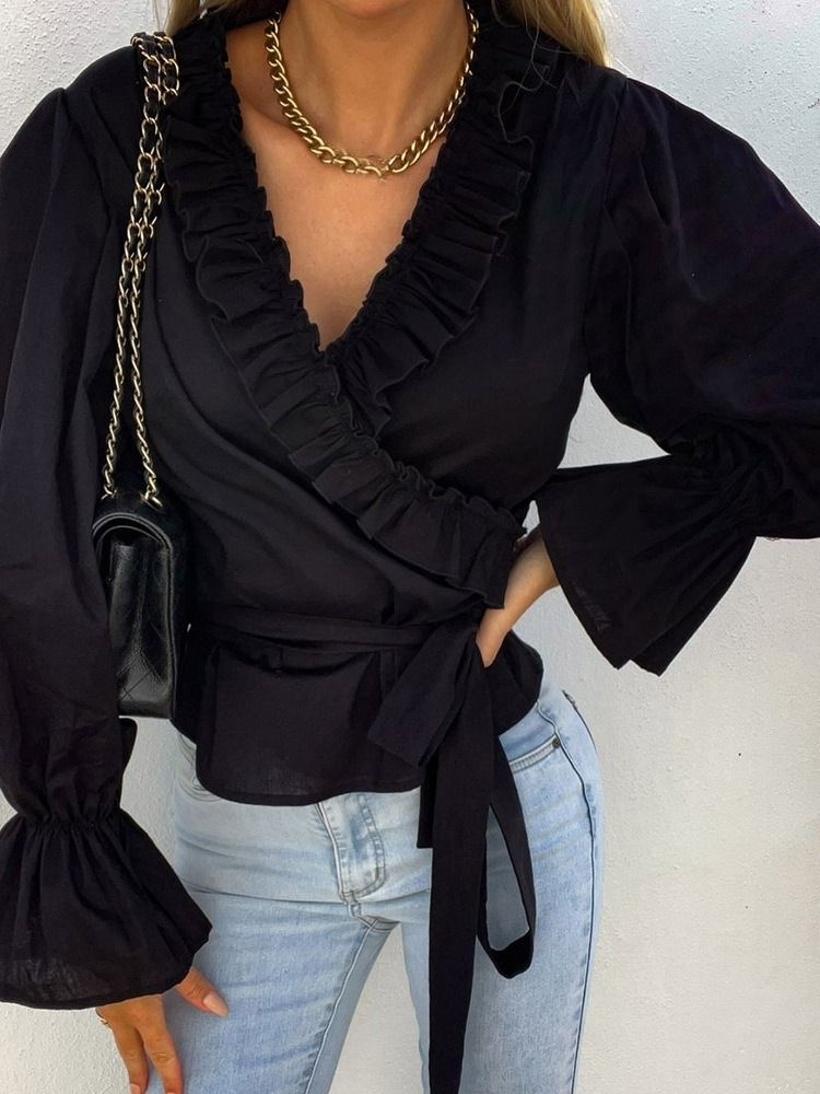 Flare Sleeve Vanlig Stringy Selvedge Långärmad Standard Blus