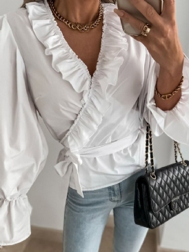 Flare Sleeve Vanlig Stringy Selvedge Långärmad Standard Blus