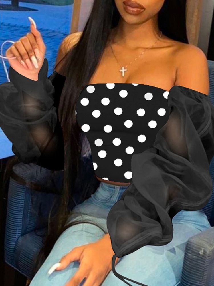 Kort Långärmad Polka Dots Slim Sexig T-Shirt