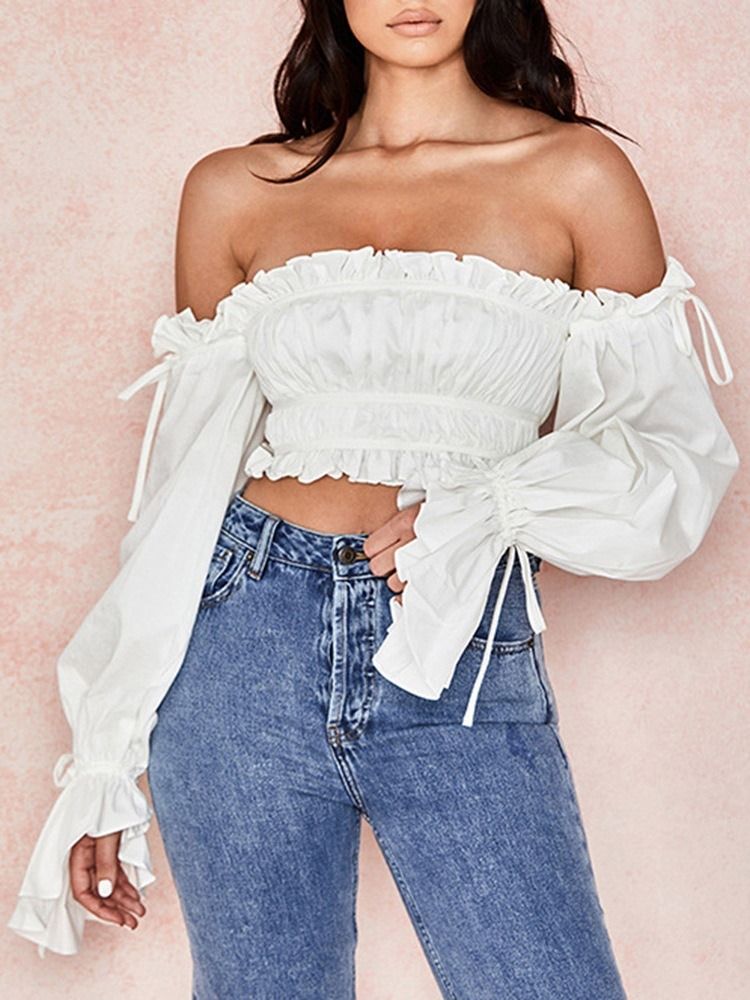 Lace-Up Vanlig Off Shoulder Kort Långärmad Vit Blus För Kvinnor