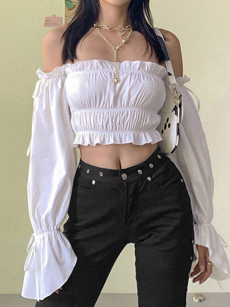 Lace-Up Vanlig Off Shoulder Kort Långärmad Vit Blus För Kvinnor